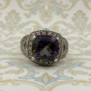 Mystic White Topaz VTG Halo Step Ring stamped RJ 7 & 925 W:14.91G